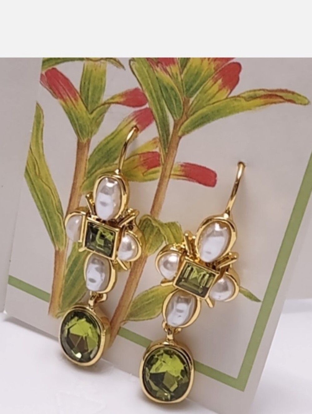 Peridot Green & Pearl Gold Dangle Earrings